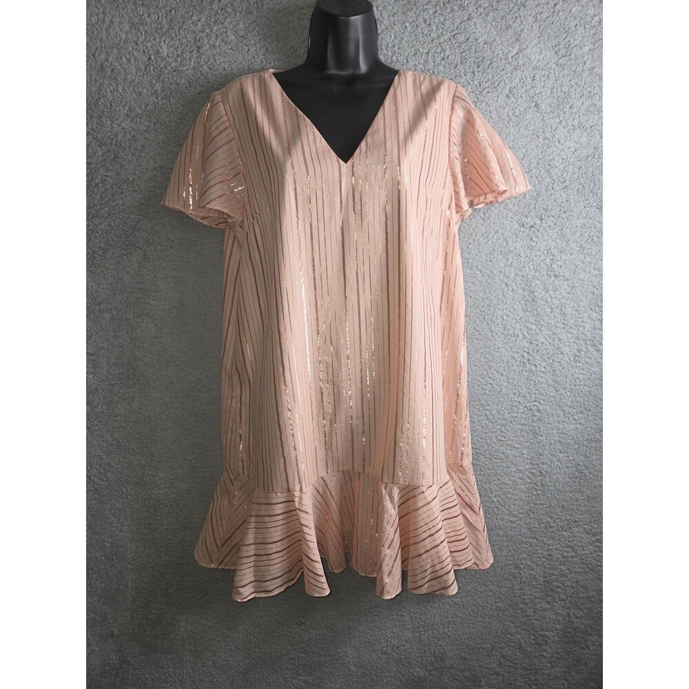 Anna‎ Cate Veronica Dress S Peach Rose Gold V-Neck Ruffle Hem Metallic Stripe
